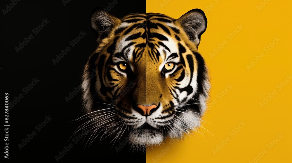 Wall mural international tiger day  tiger face painting of tiger  realistic forest  yellow and black background