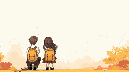 AI generated. Vector illustration. School boy and girl with satchel. White background. Back to school theme. Backview.