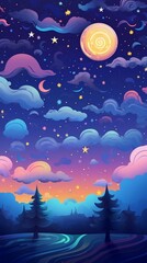 night sky cartoon background with stars, moon, clouds, mountains, vector illustration of winter wonderland