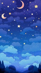 Fototapeta na wymiar night sky cartoon background with stars, moon, clouds, mountains, vector illustration of winter wonderland