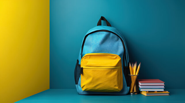 Full school backpack with books isolated on blue background with copy space. Back to School concept. digital ai