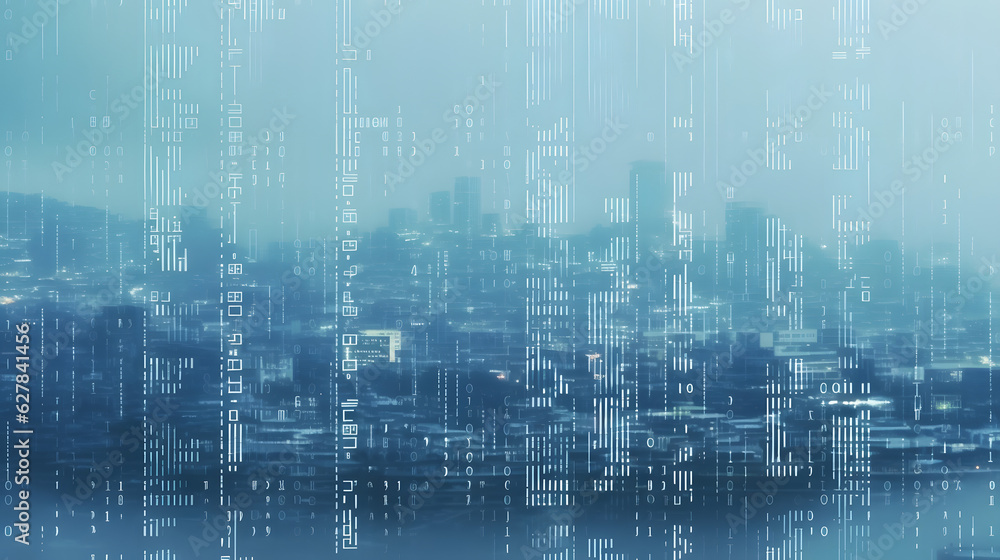 Poster animation of glitched looping binary codes over fog covered under construction modern buildings