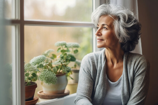Thoughtful elegant looking senior woman looking out of a window