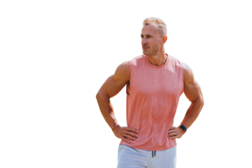 Strong caucasian man in sportswear standing against transparent background looks away with serous face expression. American bodybuilder at workout. Sport. Male trainer isolated.