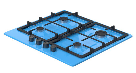 Kitchen electric stove or gas cooker with burning flames of propane gas on white