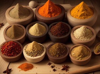 various spices in a wooden bowls