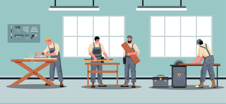 Woodworking industry, joiners with instruments, carpentry workshop concept