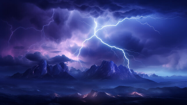 A dramatic lightning storm illuminating a majestic mountain range