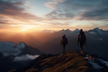 Photograph of people hiking in mountains with panoramic views at dusk, Generative AI