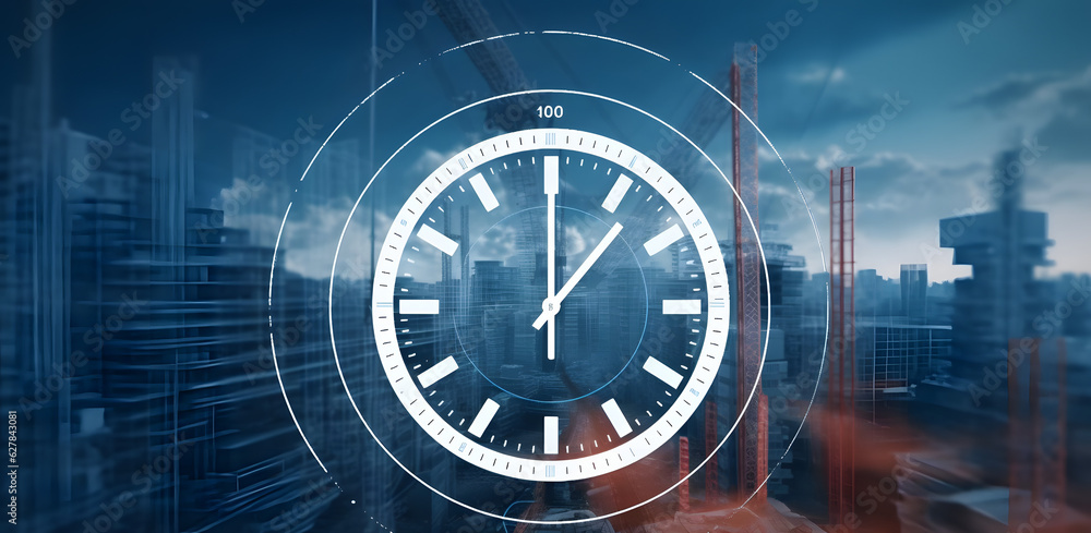 Aufkleber animation of ticking clock icon and data processing against aerial view of construction site