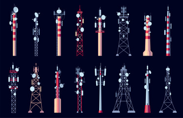 Communication tower. Telecom relay antenna with mobile phone signal, cell phone signal, internet connection, mobile broadband. Vector illustration