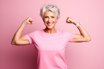 Portrait of a happy senior woman showing her muscles against pink background
