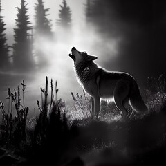 wolf, wolf howling at the moon, black and white photography, generated by ai