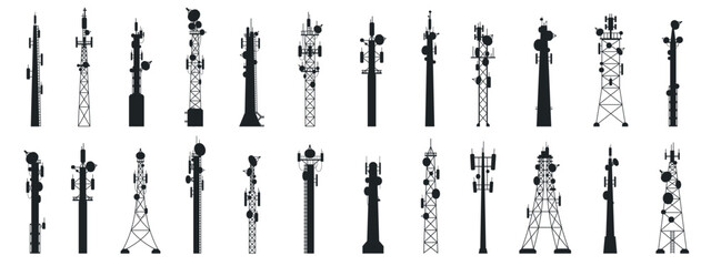 Radio mast silhouettes. Outline broadcast antenna towers, communication technology technology equipment. Vector set - obrazy, fototapety, plakaty
