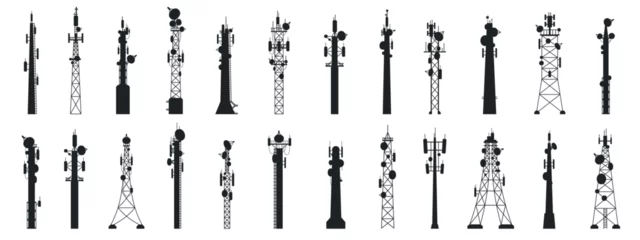 Fotobehang Radio mast silhouettes. Outline broadcast antenna towers, communication technology technology equipment. Vector set © Tartila