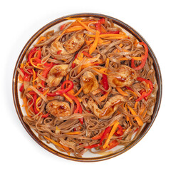 Asian fried buckwheat noodles with chicken and vegetables isolated on white background.