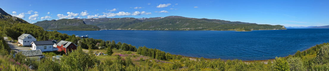 Fototapeta na wymiar Panoramic view of the landscape westward of Alta in Troms og Finnmark county, Norway, Europe 
