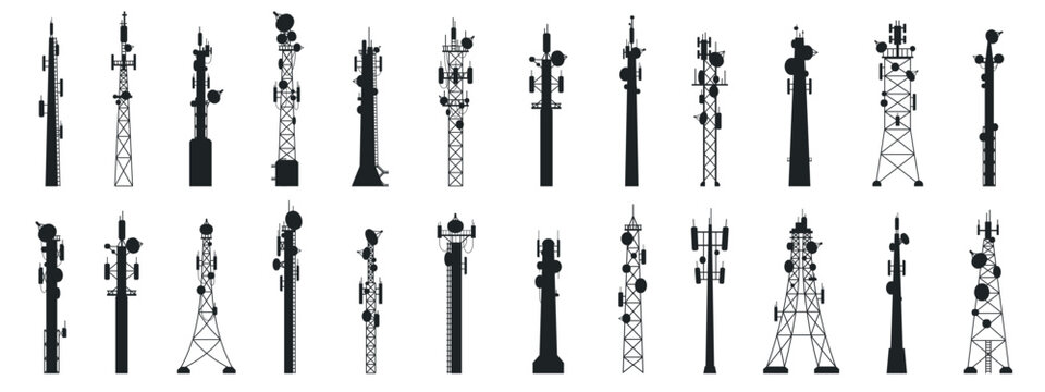 Radio mast silhouettes. Outline broadcast antenna towers, communication technology technology equipment. Vector set