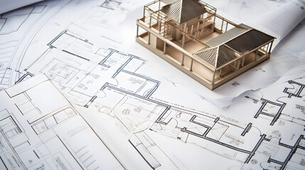 Architect rolls and architectural plan,technical project drawing