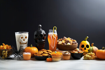 Halloween food on Dark Background with copy space (Generative AI)