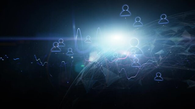 People digital icons animation in dark blue cyberspace network.