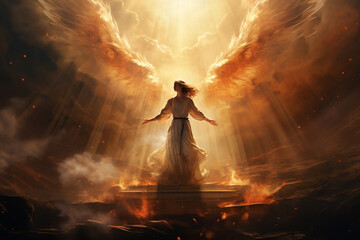 Angel basking in divine radiance as heavenly light illuminates prayer