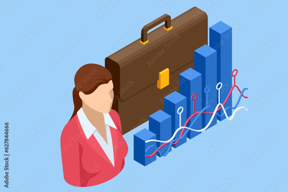 Poster isometric businessman analyst working with digital finance. data and key performance indicators for 