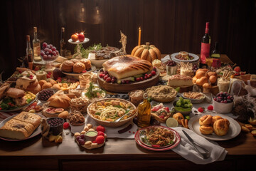 Fototapeta premium A large table Christmas theme foods and decorations AI generated, Generative AI, AI Art, illustration,