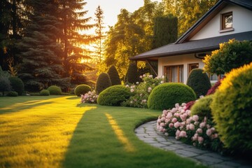 Beautiful manicured lawn and flowerbed with deciduous shrubs on private plot and track to house against backlit bright warm sunset evening light on background.