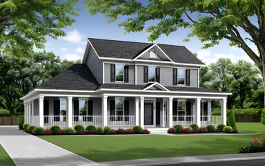 Outdoor exterior realistic modern house environment with green grass in the foreground
