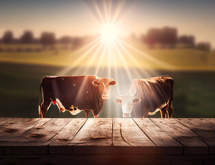 Cows through the sun's rays on the field. Farm products. Meat products. Milk products. Banner. AI generated
