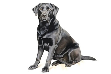 Black Labrador, sitting with attentiveness and happy, eyes focused on camera.
