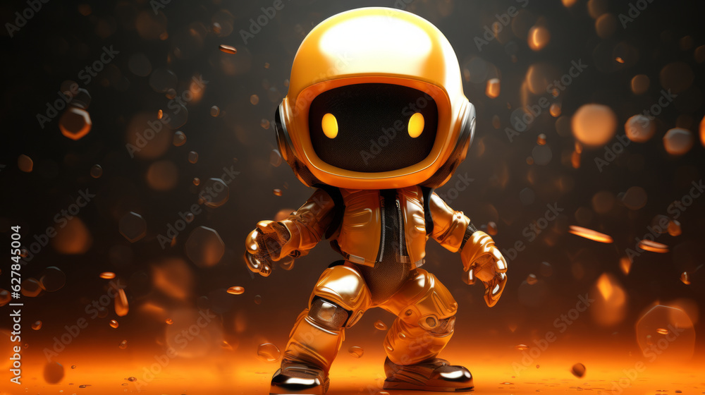 Poster an orange and black robot standing in front of a dark background