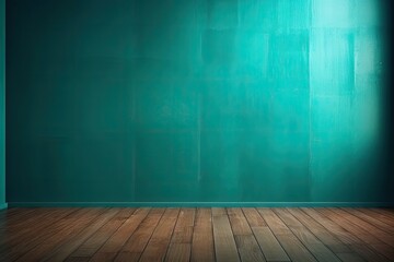 Blue turquoise green empty wall and wooden floor with interesting with glare from the window. Interior background for the presentation.
