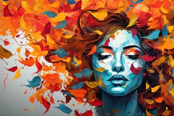 Woman face with vibrant leaves