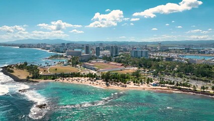Old San Juan Puerto Rico Drone Shot of Castillo San Felipe del Morro, Escambron Beach (aerial view)