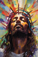 Rainbow Painting Black Jesus Christ Wearing Crown of Thorns Eyes Closed in Prayer, Abstract Watercolor Painting