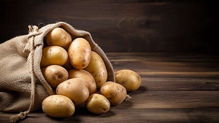 Ripe potatoes in a burlap bag isolated on wooden background