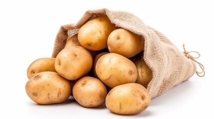 Ripe potatoes in a burlap bag isolated on white