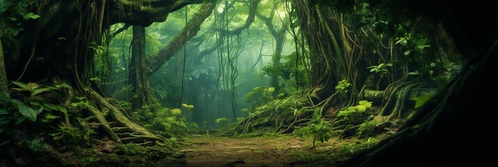 Deep tropical jungles of Southeast Asia, green trees tunnel extra wide background banner - obrazy, fototapety, plakaty