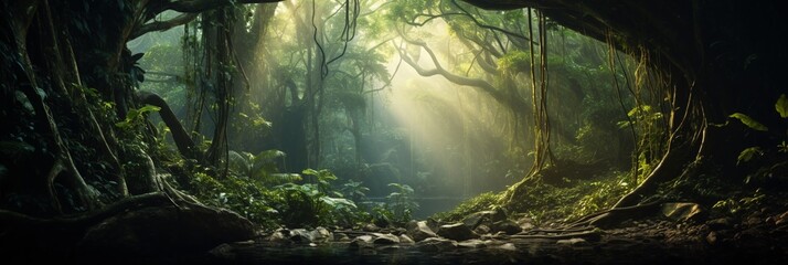 Deep tropical jungles of Southeast Asia, green trees tunnel extra wide background banner