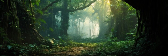 Deep tropical jungles of Southeast Asia, green trees tunnel extra wide background banner