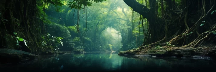 Fotobehang Bosweg Deep tropical jungles of Southeast Asia, green trees tunnel extra wide background banner