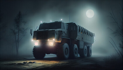 War Concept. Military silhouettes fighting scene on war fog sky background, World War truck Silhouettes Below Skyline At night. Armored vehicles