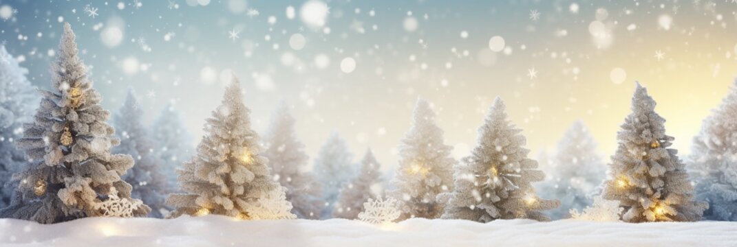 Christmas background. Xmas tree with snow decorated with garland lights, holiday festive background. Widescreen frame backdrop. New year Winter art design, Christmas scene wide screen holiday border