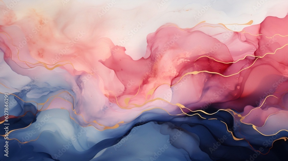 Poster generative ai : marble soft blue and pale pink liquid watercolor background with gold wave pattern. 