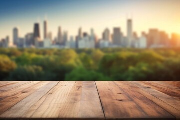 Naklejka na ściany i meble Generative AI : Wooden table top with blur background of blur city