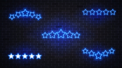 Five star neon glowing sign. Rating stars collection. Vector illustration