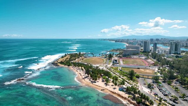 Old San Juan Puerto Rico Drone Shot of Castillo San Felipe del Morro, Escambron Beach (aerial view)