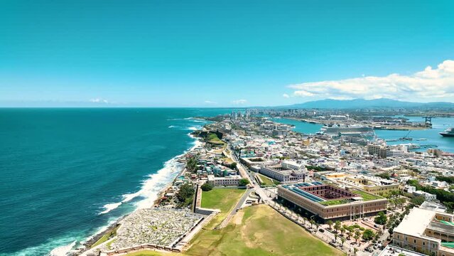 Old San Juan Puerto Rico Drone Shot of Castillo San Felipe del Morro, Escambron Beach (aerial view)